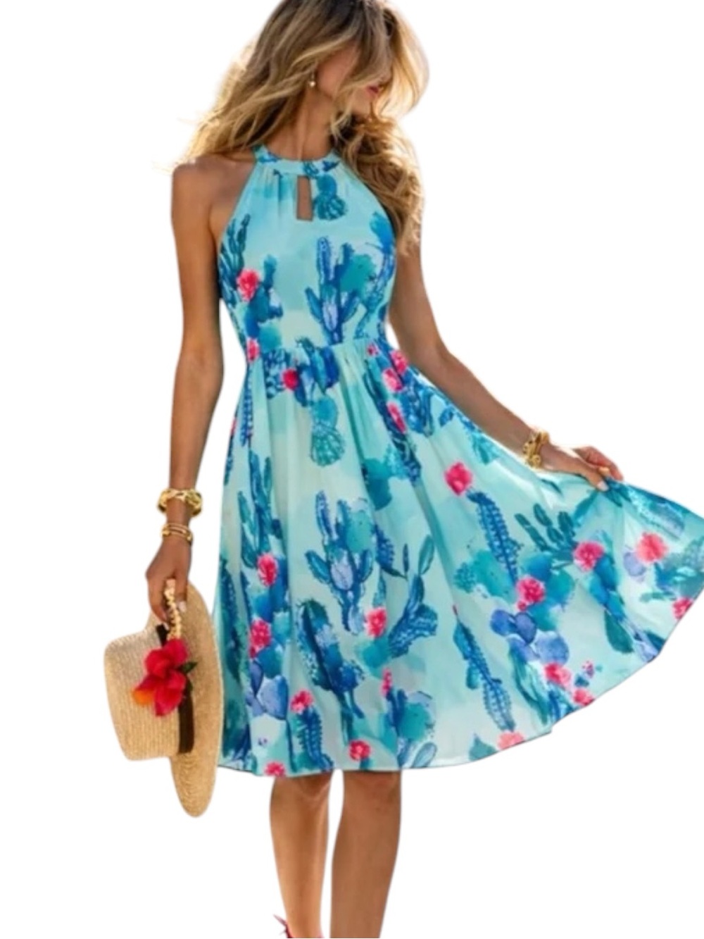 ModCloth Vintage Inspired Aqua Floral Cactus Print Halter Full Skirt Dress (L)